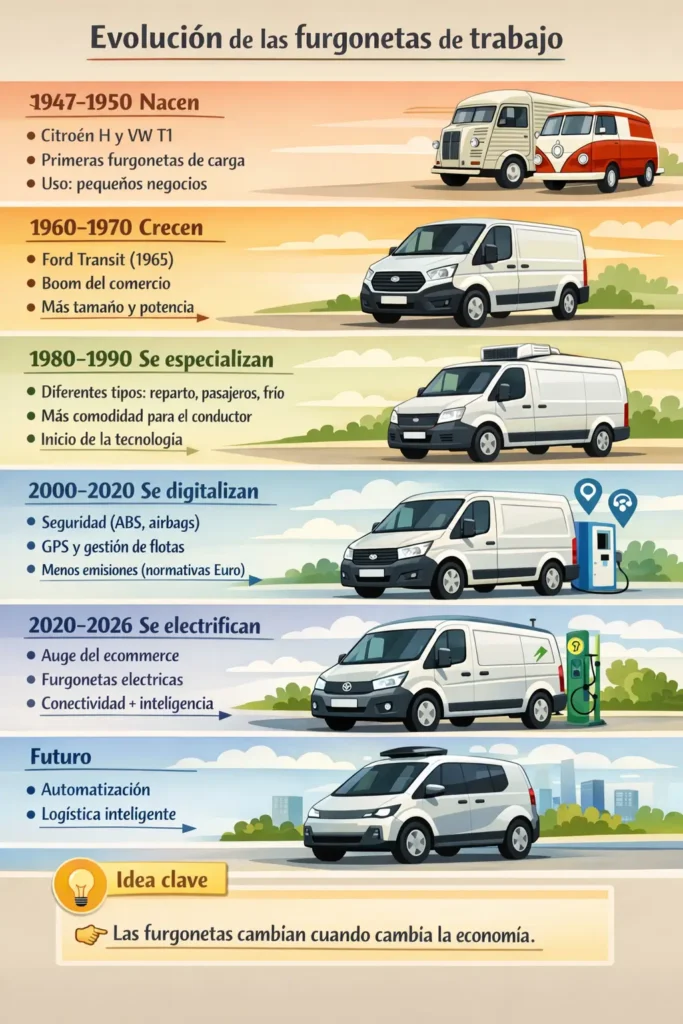 Evolución e historia de las furgonetas de trabajo: de la Citroën H a las eléctricas de 2026 3 Infografía de la evolución e historia de las furgonetas de trabajo